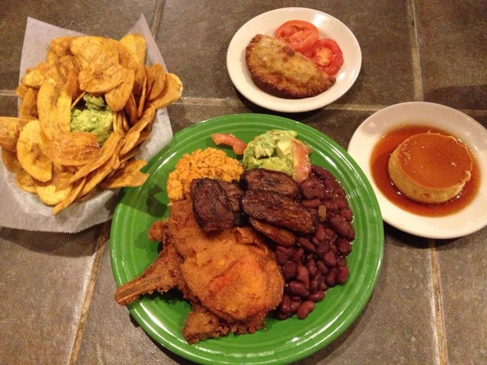 chicken dinner with plantains, empanadas, and flan