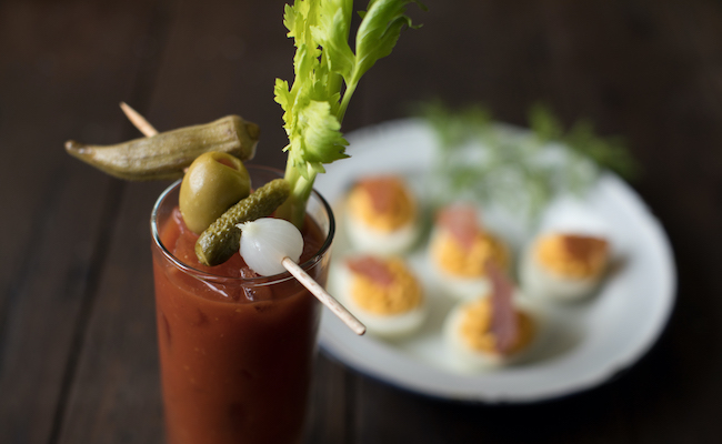 deviled eggs and bloody mary cocktail