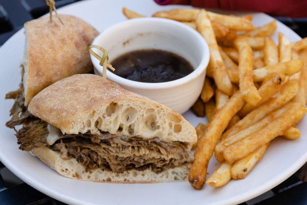 Geyserville Grille roast beef sandwich with au juice and fries